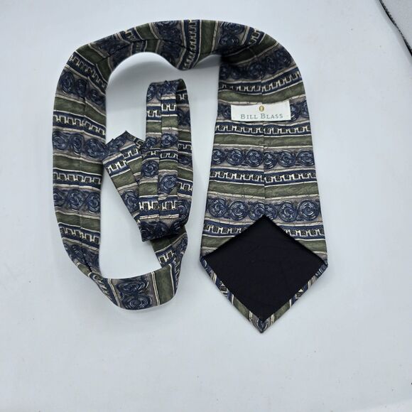 Necktie Mens Vintage Bill Blass Black Label 100% Silk, Tan Blue, Size 57 By 4 - Picture 3 of 6